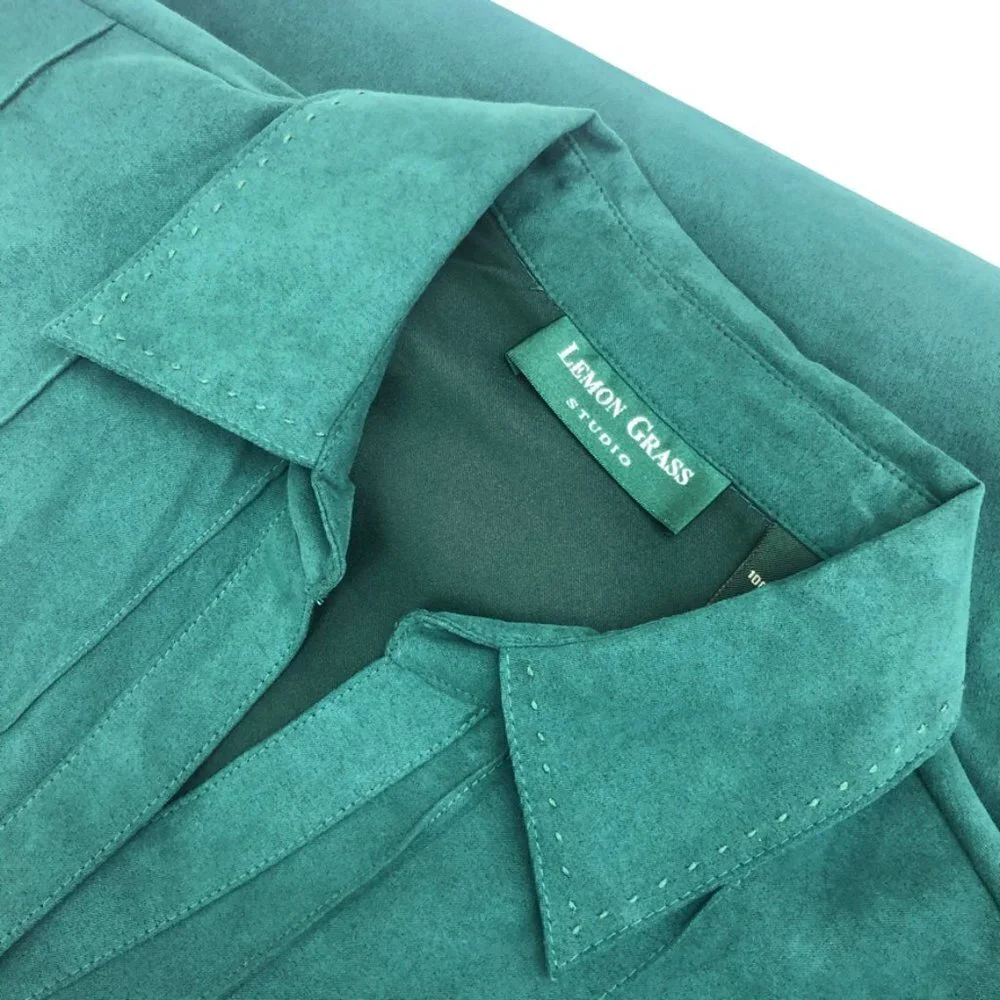 Lemon Grass Studio Faux Suede Shirt Womens Size M Green Pintuck Button Down Top